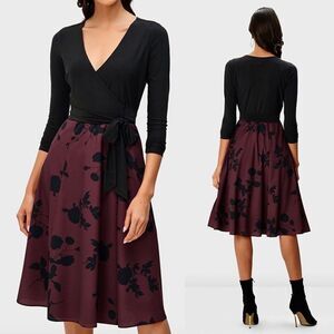 Eshakti Jersey Knit And Crepe Floral Wrap Dress 1X 18W Womens Purple Black